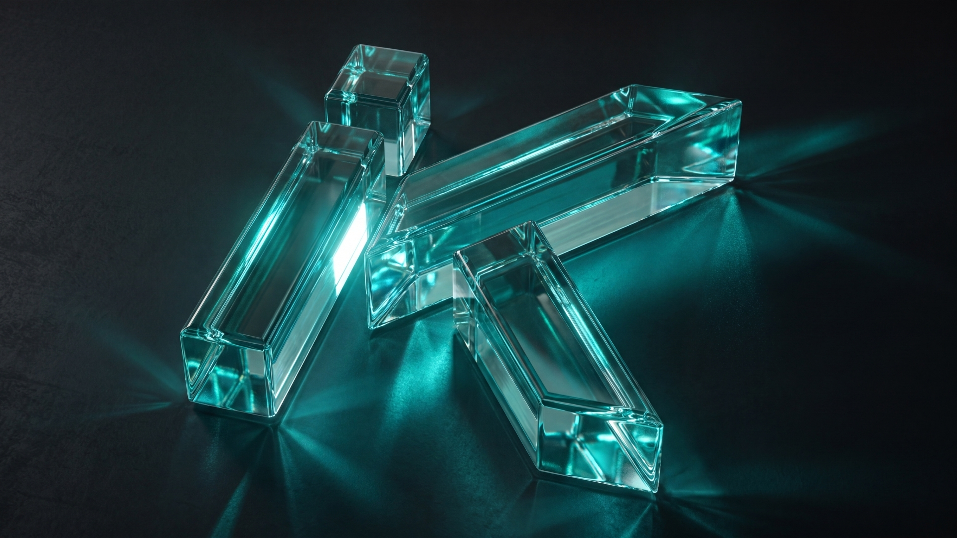 The iKeep mark rendered as glowing teal glass bars on a dark surface
